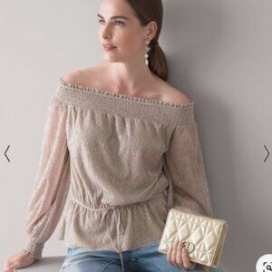 EUC WHITE HOUSE BLACK MARKET Shimmer Pale Pink Smocked Off the Shoulder Top S